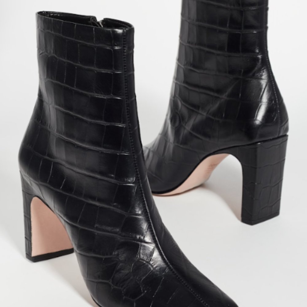 Schutz Marion Square Toe Croc Embossed Leather Boots Black 7.5